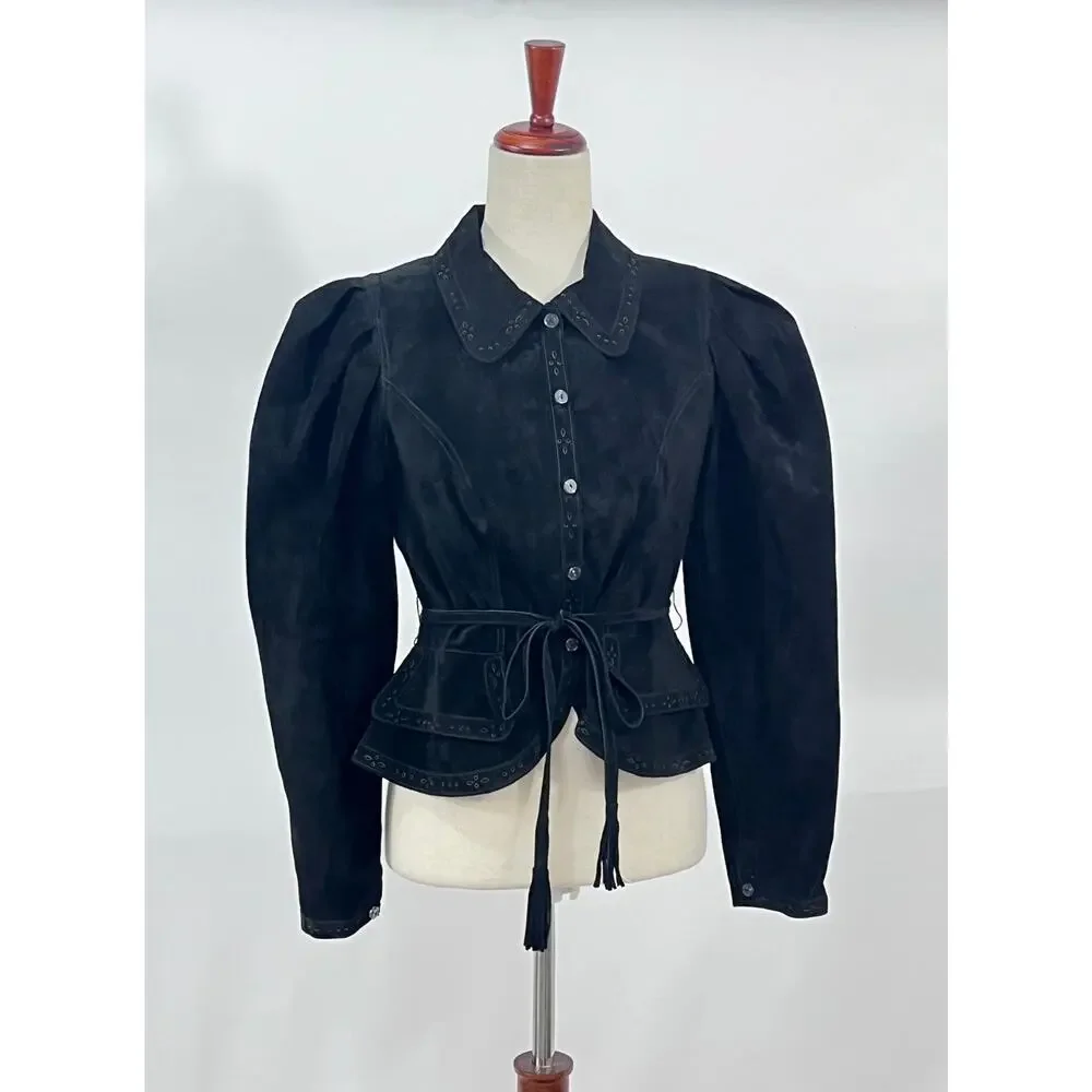 HUNTER BELL Sz 6 Murphey Suede Jacket Puff Sleeve Noir NWT